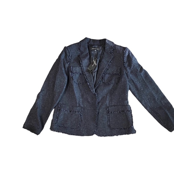 New Jones New York Size 14 Wool Blend Charcoal Blazer Tweed Ruffle Career NWT - Picture 1 of 16